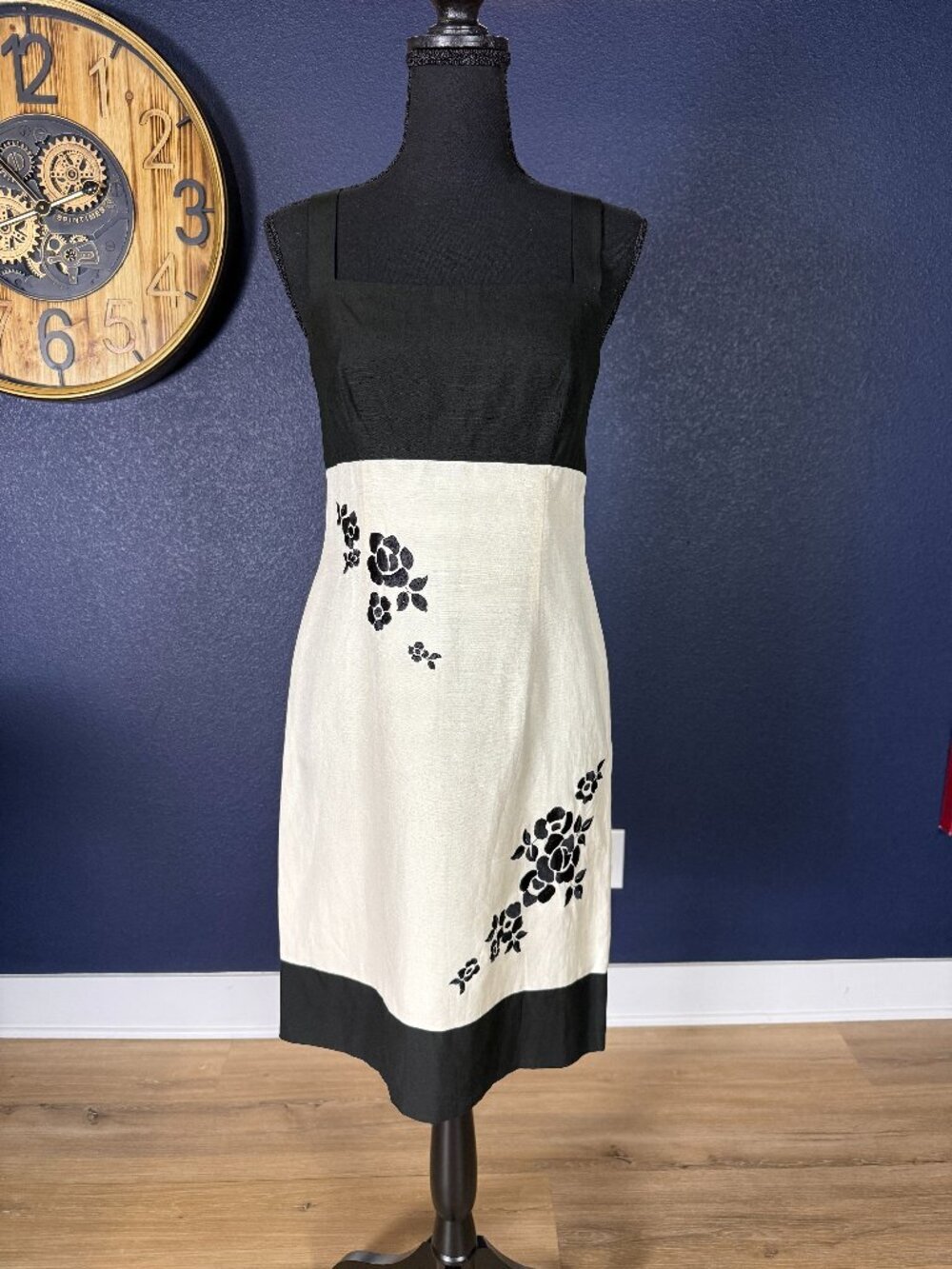 LOFT Black Ivory Colorblock Silk Linen Floral Applique Sheath Dress | 2